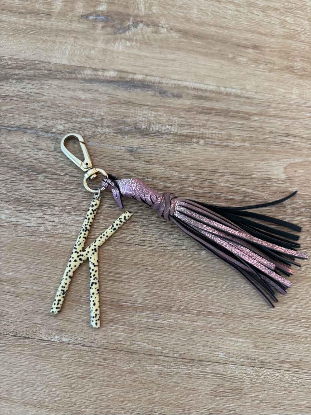 Anthropologie Metallic Pink Tassel Keychain with Leopard-Print 'K' Charm